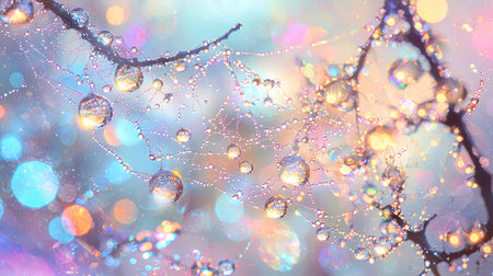 Close-up view of water droplets clinging to a spiderweb,  illuminated by soft light. The scene is filled with pastel colors and bokeh, creating a dreamy, ethereal atmosphere. The spiderweb's delicate structure and the glistening droplets are the main subjects of the image, displaying a unique artistic composition.の素材