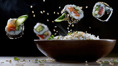 Detailed image of sushi rolls and rice in a bowl, with the rolls appearing to be in motion. The food is presented in a visually appealing manner, with a focus on the freshness and textures of the ingredients.の素材