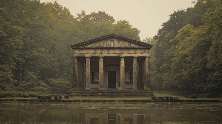 Weathered stone temple stands by the edge of a pond in a tranquil forest.  The temple features a classical design with columns and a pediment. The water reflects the surroundings, and trees surround the temple.  The atmosphere is quiet and misty.の素材