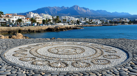 Circular mosaic pattern, made of small stones and pebbles, situated on a paved walkway adjacent to a coastal town with mountains in the background. The pattern features an intricate design, visible against the paved walkway and the waterfront.の素材