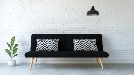Black sofa with patterned pillows, situated in a room with white brick walls.  A small plant is in a white pot, and a simple light fixture hangs from the ceiling.の素材