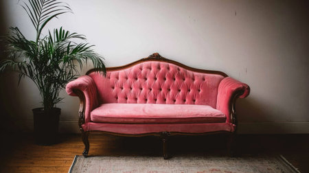 Stylish pink velvet couch with ornate wooden details, positioned in a room with a decorative plant. The image is well-lit and displays the details of the couch's upholstery and the room's design elements.の素材