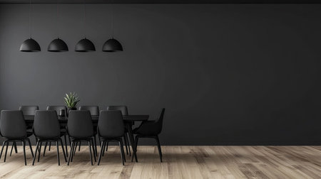 Modern, minimalist dining room scene, showcasing a long table and matching black chairs.  The room has a sleek, contemporary feel with black walls, a light-colored wooden floor, and pendant lights.の素材