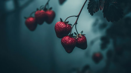 Photograph of ripe strawberries hanging on the plant in a strawberry farm, commercial photography in the style of [Artist name]. --chaos 30 --ar 16:9 --v 6.1 Job ID: 8a992b09-daba-4d1d-92d2-402d212594aeの素材