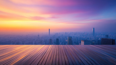 Empty wooden floor with a city skyline and sunset sky background. Panoramic landscape with gradient-colored clouds in the blue, purple, orange, yellow, and pink-red sky. The sun shines on the wood planks. There is space for product display, photography, a real scene, high definition, and high resolution. --chaos 30 --ar 16:9 --v 6.1 Job ID: 7d9a8ee7-ae92-4503-9840-92d7ce94adc1の素材