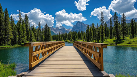 A wooden bridge leading to the shore of Bow Lake in Banff National Park, Alberta, Canada. Panoramic view. Canon EOS R5 camera with depth of field. --chaos 30 --ar 16:9 --v 6.1 Job ID: fe4968e0-a131-440b-9710-fb816b7e8ef6の素材