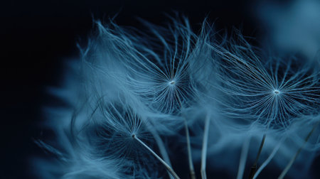 Dandelion seeds flying in the wind on a blue sky background, with copy space. Close-up of a dandelion flower. Macro shot. Winner of a stock photo contest, with the best quality and high resolution. --chaos 30 --ar 16:9 --v 6.1 Job ID: 31c61365-a0db-4951-80c4-29a6e817dc1bの素材