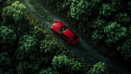 A red car driving on the winding road in a green forest, aerial view, high-angle shot, high-resolution photography, insanely detailed, fine details, isolated plain background, stock photo color grading, cinematic lighting, cinematic. --ar 53:30 --v 6.1 Job ID: 1d3fcf5f-550a-4f3c-84b9-847ff4e83f1aの素材
