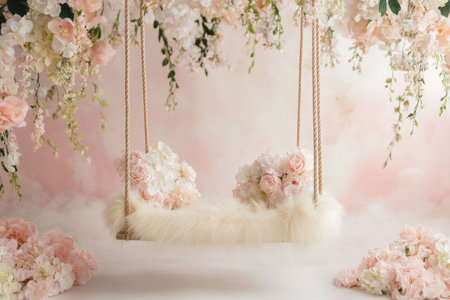 Elegant swing with soft fur and pastel flowers for newborn photography backdrop, with no people or furniture in the background, soft pink hues, creating an enchanting atmosphere perfect for capturing tender moments of new life. --ar 3:2 --v 6.1 Job ID: 3aada84f-78bd-4d7c-a283-9ba7eaf38edaの素材