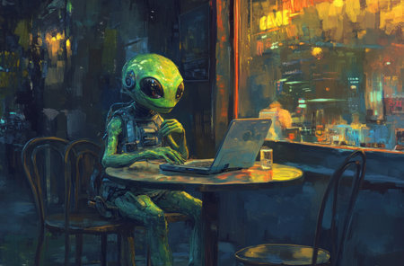 An alien uses a laptop at a cafe, observing the cityscape through a window in the night.の素材