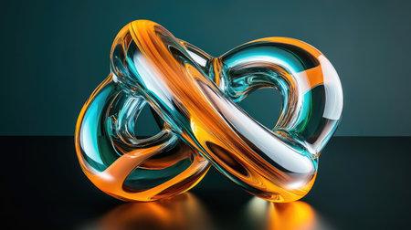 Craft a 3D render of a glass knot refracting neon orange and teal light amidst a navy abyss, capturing its abstract beauty without human presence --chaos 30 --ar 16:9 --v 6.1 Job ID: fd6eccee-fb73-4286-8b36-a3a94724ad45の素材