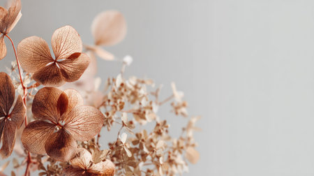 Close-up view of a cluster of dried flowers, primarily light brown and beige hydrangeas, with intricate details and textures visible in the petals.  The soft colors and arrangement create a delicate and aesthetic composition.の素材