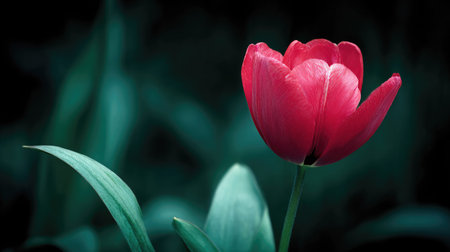 Single vibrant red tulip in a close-up shot, with a soft focus on the surrounding dark teal-green leaves. The image is well lit, showcasing the intricate details of the tulip's petals and the interplay of light and shadow on the leaves.の素材