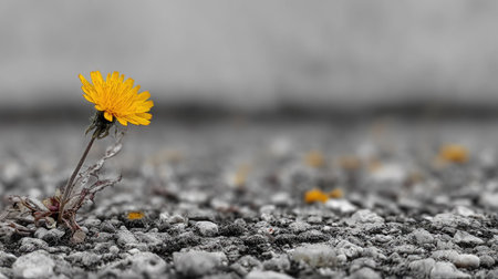 Close-up view of a single yellow dandelion growing out of a bed of gray stones.  The focus is on the flower and its immediate surroundings. The background is slightly out of focus.の素材
