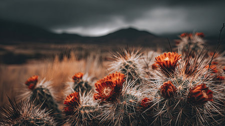 Close-up view of several desert cacti, showcasing numerous vibrant orange blossoms amidst the prickly spines. The background includes a muted, mountainous landscape under a cloudy sky.の素材