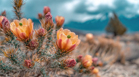 Close-up view of a cluster of blooming cactus flowers with vibrant orange hues against a backdrop of a desert landscape.  The image shows intricate details of the cactus, thorns, and blossoms.  The background displays the surrounding environment, including other desert plants and a muted sky.の素材