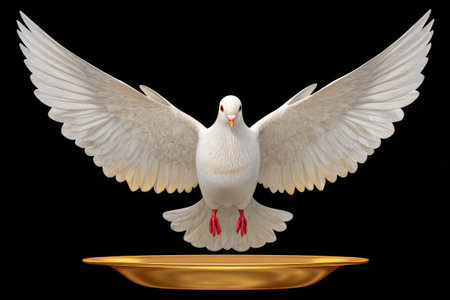 Digitally rendered image of a white dove in mid-flight, its wings outstretched, above a golden, shallow dish set against a black backdrop. The dove is depicted in great detail, with realistic texture and shading, showcasing its graceful posture. The gold dish is a simple, bowl-like shape, and the black background provides a strong contrast to the bird and the dish.の素材