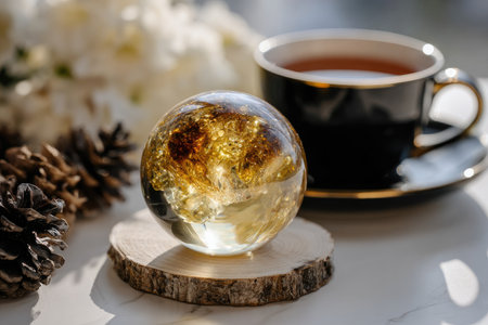 Decorative, golden sphere of resin, with intricate patterns visible within its transparent surface. The sphere is placed on a small wooden coaster, and a cup of tea is in the background, adding to the still life image.の素材