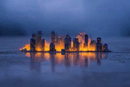 Miniature city model, with buildings lit by warm lights, sits on a small island in a placid body of water. The buildings' reflections create a beautiful mirror image on the water's surface, with fog or mist adding a serene ambiance. The overall scene is a picturesque depiction of a city at night.の素材