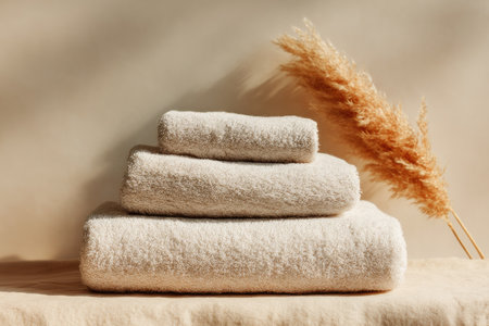 Stack of three beige towels rests on a light beige surface.  A dried pampas grass decorative element is positioned next to the towels. The image has a soft, warm light and neutral color palette.の素材