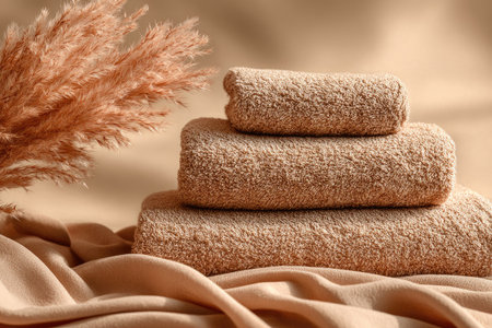 Stack of three beige towels, resting on a draped piece of cloth of the same color, with a pampas grass flower arrangement positioned beside them. The image presents a warm and inviting aesthetic.の素材