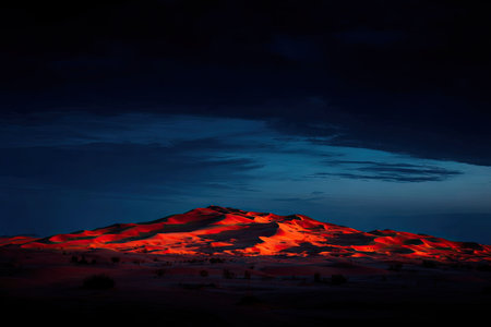 Dramatic landscape of red dunes bathed in the warm light of the setting sun against a dark, vibrant sky with clouds. The scene is illuminated by a strong contrast between the vibrant colors of the dunes and the dark hues of the sky.の素材