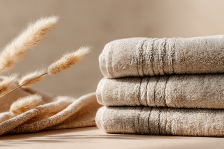 Stack of light beige towels are displayed against a light beige backdrop with a cluster of pampas grass.  The towels are folded neatly, showing their soft texture and subtle lines.の素材