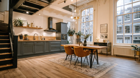 Well-lit, open-concept kitchen and dining area with a modern aesthetic.  The space features large windows,  wood-toned flooring, and comfortable seating around a wooden dining table.  Dark grey kitchen cabinets contrast with warm wood tones, creating a harmonious interior design.  Various plants and decor items add a touch of natural beauty.の素材