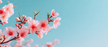 Pink cherry blossoms are captured in close-up against a soft blue sky.の素材