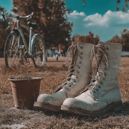 A pair of worn boots and a small plant sit in a grassy outdoor setting.の素材