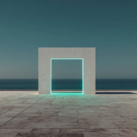 A contemporary concrete structure with a glowing neon frame stands by the tranquil sea.の素材