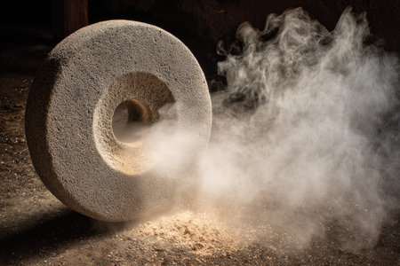 Large, circular, stone grinder sits on a ground surface covered with dust.  A visible plume of smoke is rising from the grinder.の素材