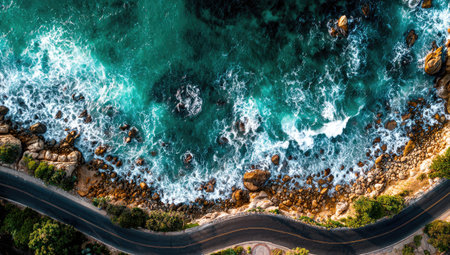 Captivating aerial perspective of a winding coastal road hugging a rocky shoreline where the ocean's waves crash against the rocks.  The vibrant blues and greens of the water contrast beautifully with the earthy tones of the rocks.の素材