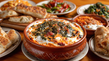 Variety of baked dishes and breads arranged on a rustic wooden table, showcasing a selection of warm, flavorful foods.  The dishes and breads are presented in a visually appealing and appetizing layout, suggesting a meal or shared experience.  The ceramic containers and rustic wooden surface contribute to the overall ambiance and character of the presentation.の素材