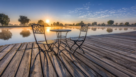 Pair of wrought iron chairs and a small table sit on a weathered wooden dock extending over a calm lake.  The morning sun is rising over the water, creating soft light and reflections on the water's surface.  A light mist hangs over the lake, creating a serene atmosphere.  The image shows a perfect blend of natural beauty and tranquility.の素材