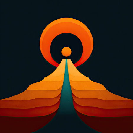 Vibrant abstract design featuring layered orange and teal shapes and forms against a dark background.  The design evokes a sense of depth and movement through the layering of colors. The overall effect is bold and visually striking.の素材