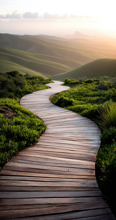 Winding, wooden walkway leads through a lush green hillside landscape, illuminated by the warm glow of the setting sun. The path curves gently through the terrain, surrounded by vibrant greenery and a picturesque vista of rolling hills.の素材