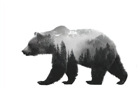 Double exposure image of a bear with a mountain forest background, showing a combination of animal and nature elements in black and white tones.の素材