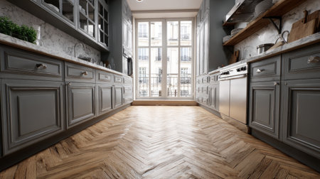 Digitally rendered image of a grey kitchen with a herringbone patterned wooden floor. The kitchen cabinets are a muted gray tone and feature ornate detailing.  Large windows provide an abundance of natural light and showcase a view of an urban setting. The stainless steel appliances and marble countertops are visible, complementing the overall design.の素材