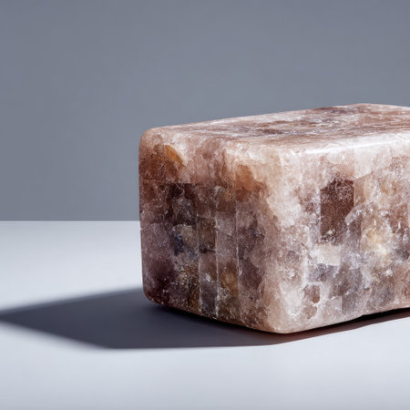 A textured block of natural mineral rests on a white surface.の素材