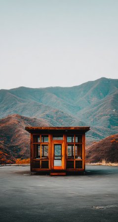 Small wooden gazebo stands on a paved area, in front of a backdrop of rolling, distant mountains.  The gazebo has a simple design with windows and a door.  The ground is a dark gray pavement. The sky is a pale, light blue.の素材