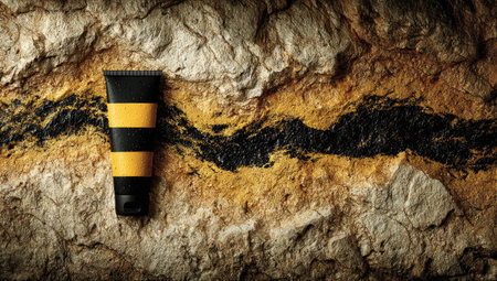 Black and gold product container is positioned atop a textured rock surface, displaying a horizontal line of black and gold painted streaks.の素材