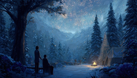 Breathtakingly beautiful winter night scene, set in a serene forest glade. Two figures are seated on a bench, gazing at a starry night sky. The forest is covered in snow and the air is filled with a sense of peace and quiet. A campfire glows warmly in the center of the scene, illuminating the scene with a soft, inviting light. A Christmas tree, adorned with lights, is situated near a small tent.の素材