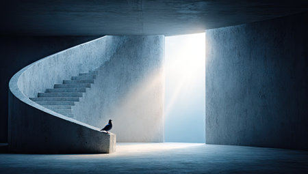 Contemporary interior design featuring a spiral staircase in a concrete structure. Light streams through a gap in the wall, illuminating the scene. A small bird is perched on the staircase, providing a focal point against the monochrome walls and floors.の素材