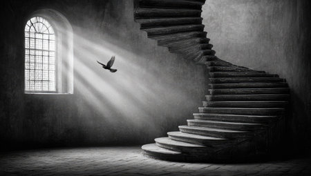 Grayscale image of a spiral staircase within a large, empty room. A bird soars in flight, illuminated by light rays that emanate from a window. The image conveys a sense of peace, solitude, and the passage of time.の素材