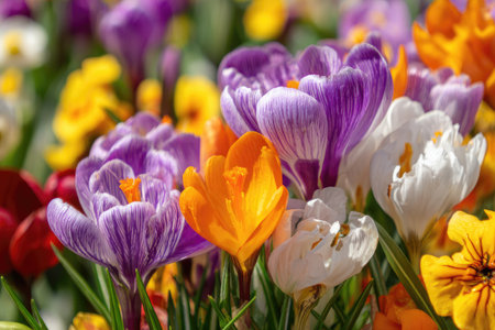 Close-up view of a collection of colorful crocus flowers in various shades of purple, orange, white, and yellow. The flowers are in full bloom, displaying intricate details in their petals.  The image shows a section of a garden or similar outdoor space, showcasing the rich colors and textures of these spring flowers. The focus is on the detail of the blooms and their delicate petals.の素材