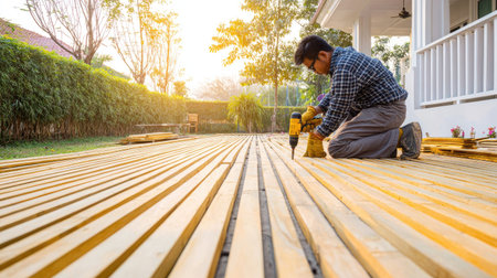 Man using a drill to install wooden planks on a new deck. The deck is laid out in a straight line, and the man is wearing a plaid shirt, gray pants, and work gloves.  The background includes a garden with trees and shrubs, and a house with a white porch.の素材