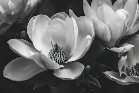 Close-up view of several magnolia blossoms, captured in a grayscale aesthetic.  The image highlights the intricate details and soft curves of the petals, emphasizing the delicate nature of the flowers. The strong contrast between light and shadow adds depth to the image, creating a visually striking portrayal of the botanical subject.の素材