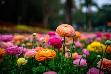 Vibrant display of various colored ranunculus flowers in a garden setting.  The flowers are in full bloom, with a variety of colors including pinks, oranges, and yellows.  The image focuses on the details of the flowers, and the overall impression is one of beauty and freshness.の素材