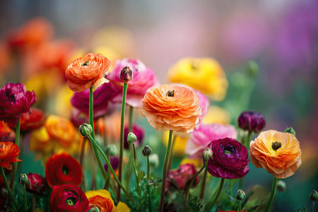Close-up view of numerous ranunculus flowers in a variety of bright colors, including oranges, reds, pinks, and purples.  The flowers are in full bloom, showcasing their intricate, layered petals.  The focus is on the detailed texture and vivid hues of the blossoms.  Green stems and leaves are also visible amidst the flowers.の素材